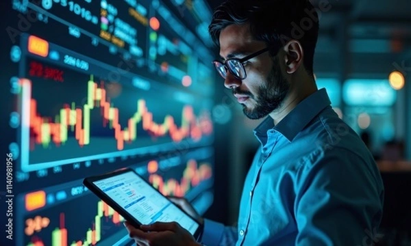 Obraz Futuristic data analyst holographic stock charts digital finance