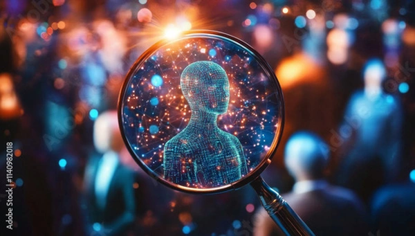 Fototapeta Magnifying glass is revealing a sparkling digital human silhouette, symbolizing the search for individuality and unique talent within a large, blurred crowd in a vibrant, bokeh-filled environment