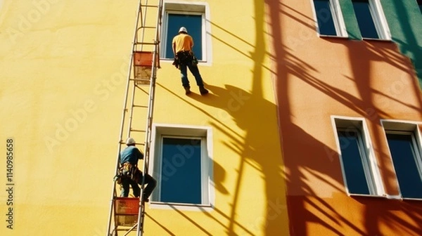 Fototapeta Construction workers painting a modern building facade in vibrant red and yellow hues, collaborating on scaffolding against striking geometric shadows during a sunny day, highlighting teamwork