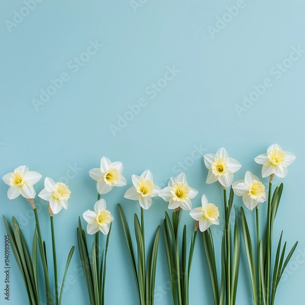 Fototapeta Composition of spring flowers, daffodil flowers on light blue background. Easter, Valentine's Day, Women's Day, Mother's Day postcard. Flat lay, top view, copy space, place for text. Square