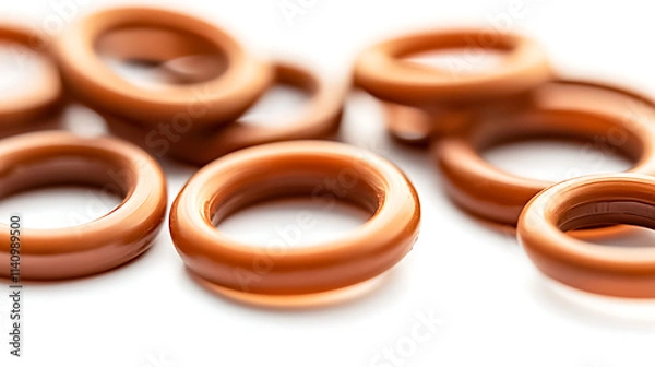Obraz Selective focus rubber o-rings for sealing against a white background