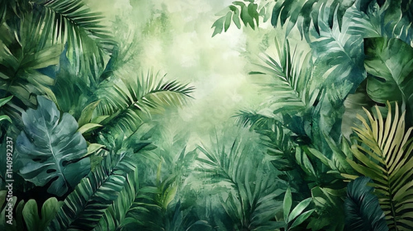 Fototapeta Watercolor pattern wallpaper, painting of a tropical green jungle and rainforest landscape