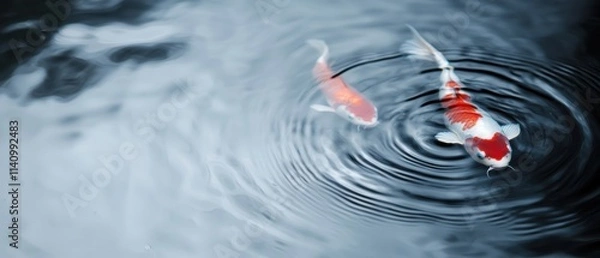 Fototapeta Close-up of two koi fish swimming in a pond. the fish are orange and white in color and are facing towards the right side of the image.