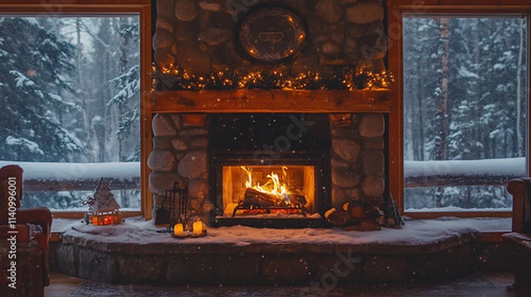 Fototapeta Stone fireplace is providing warmth in a cozy winter cabin as snow falls outside
