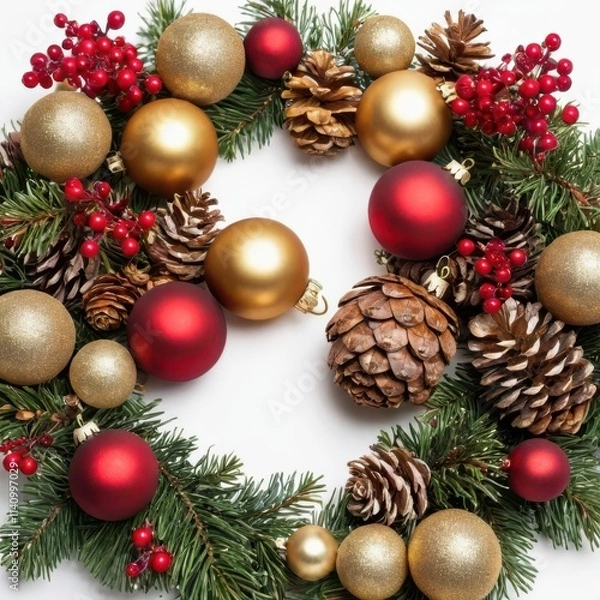 Fototapeta Christmas garland with red and gold balls, berries and pine cones.