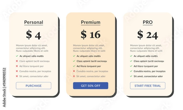 Obraz Web template for pricing plans or subscriptions. Product and price comparison table. UI kit vector.