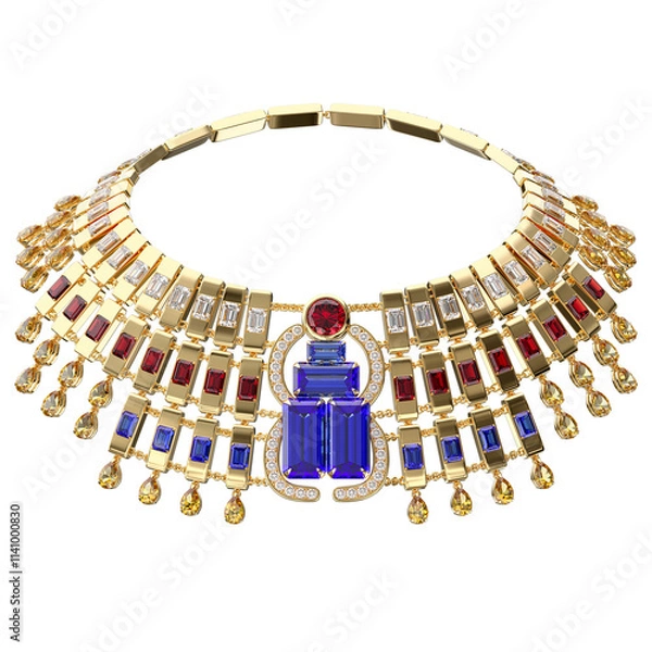 Fototapeta Luxurious necklace of diamonds, sapphires and rubies on isolated transparent background. Plastron in Egyptian style. Jewelry showcase. Close-up. 3d rendering.