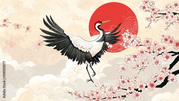 Fototapeta 鶴と桜と日の丸の和風イラスト
