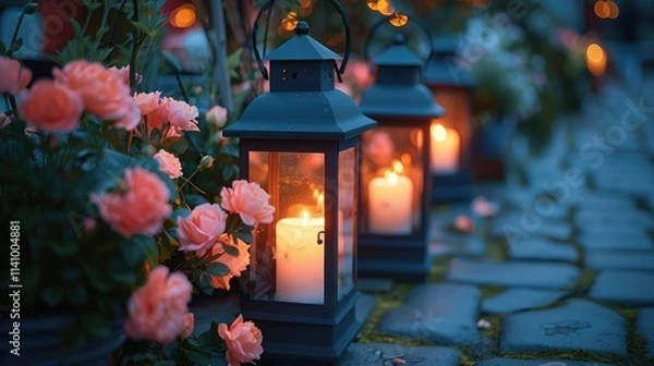 Fototapeta A serene outdoor scene featuring lanterns and blooming roses, creating a warm ambiance.