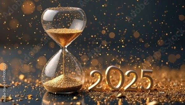 Fototapeta A Glittering Glass Hourglass With Golden Sand Flowing Towards A 2025 Inscription