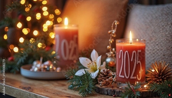 Fototapeta A Cozy New Year Scene Featuring A Lit Candle With 2025 Etched On Its Glass Holder, Surrounded By Festive Decorations