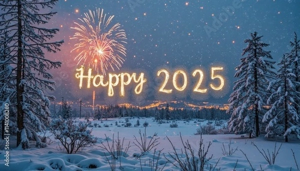 Fototapeta A Snow-Covered Landscape With Fireworks In The Distance And “Happy 2025” Written In Frost On A Windowpane