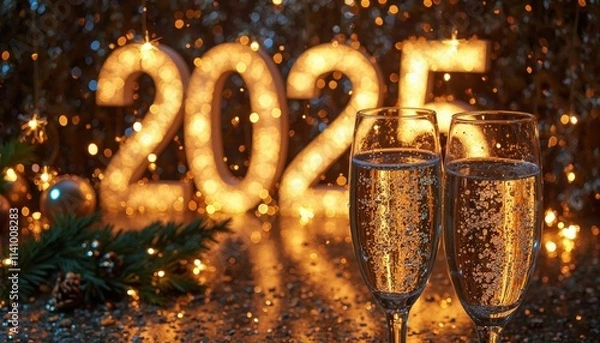 Fototapeta A Detailed Close-Up Of Champagne Glasses Clinking Against A Backdrop Of 2025 Sparkling In The Background