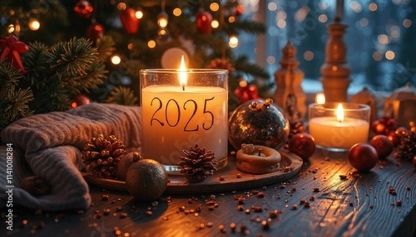 Fototapeta A Cozy New Year Scene Featuring A Lit Candle With 2025 Etched On Its Glass Holder, Surrounded By Festive Decorations