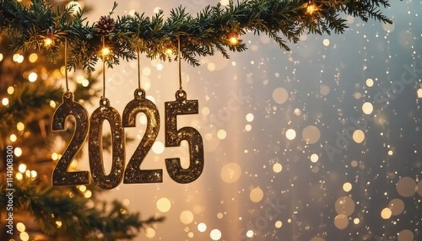 Fototapeta  A Golden Number 2025 Hanging From A Festive Garland Against A Softly Lit Background