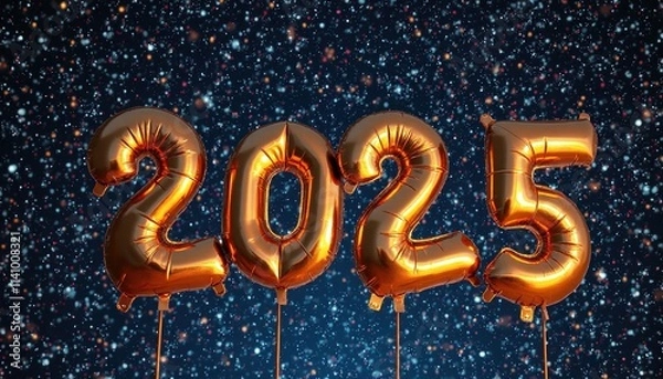 Fototapeta A Set Of Metallic Balloons Forming “2025” Floating Against A Starry Night Sky