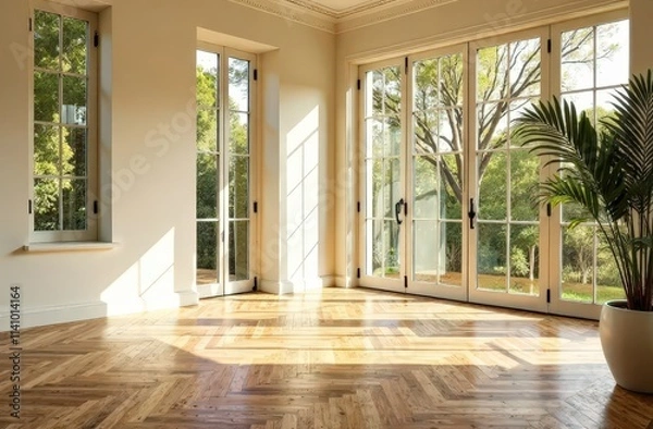 Fototapeta A room with expansive windows features a herringbone wooden floor illuminated by natural light, offering a tranquil and airy atmosphere focused on elegance.