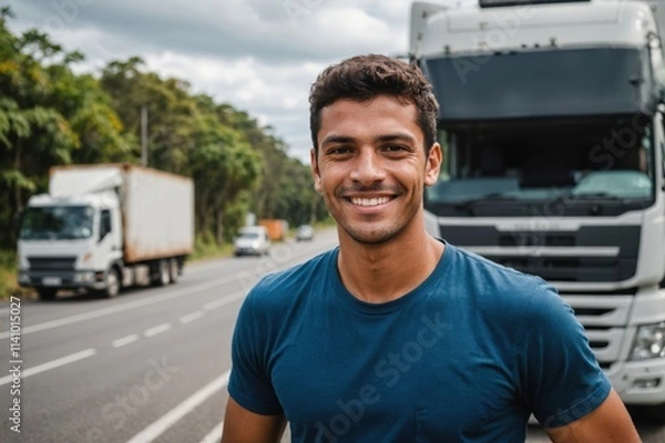 Obraz Close portrait of a smiling young Brazilian male truckdriver looking at the camera, against Brazilian blurred background.