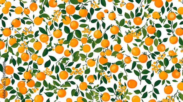 Fototapeta Playful oranges and leaves seamless pattern on a white background, perfect for cheerful, citrus-inspired designs and lively branding