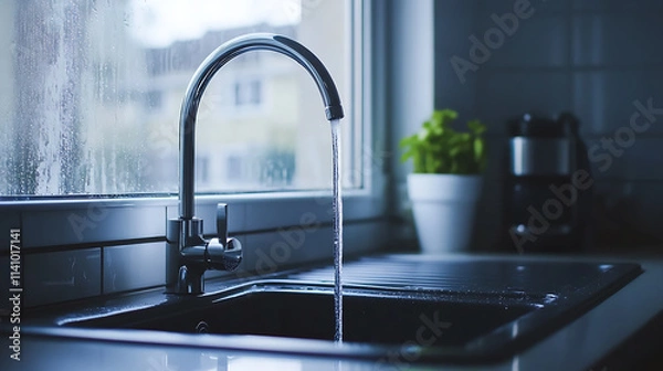 Fototapeta Minimalist kitchen with simple sink and faucet