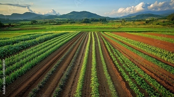 Fototapeta Lush green farmland with rows of crops, mountains in background, under a partly cloudy sky.