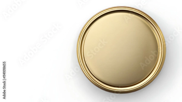 Fototapeta Isolated top view of a realistic golden jar lid mockup on a white background, 3d model of a metal bottle top, round container cover made of aluminum or tin, coin or medal mock up