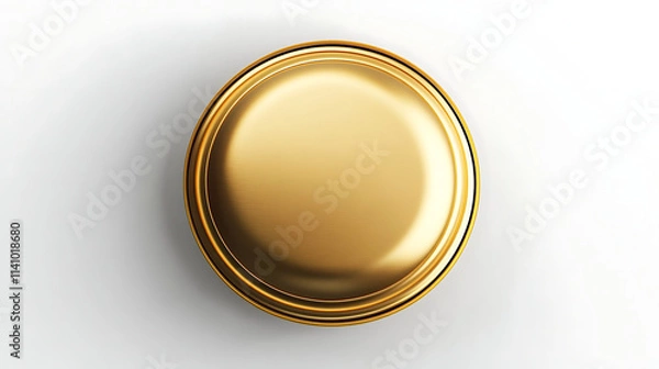 Fototapeta Isolated top view of a realistic golden jar lid mockup on a white background, 3d model of a metal bottle top, round container cover made of aluminum or tin, coin or medal mock up