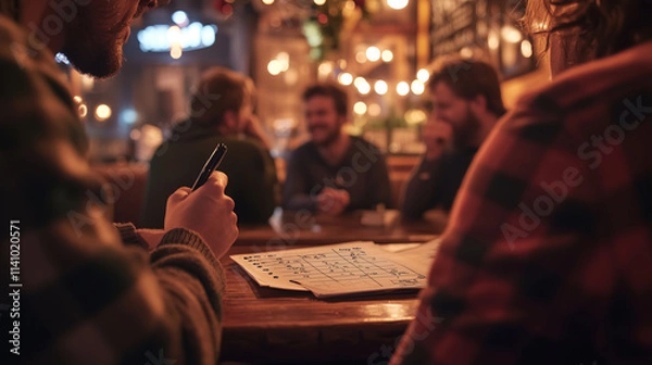 Fototapeta Pub trivia night. Friends participating in a trivia quiz at a warm and lively bar setting, combining fun, strategy, and laughter during a social gathering. Image made using Generative AI