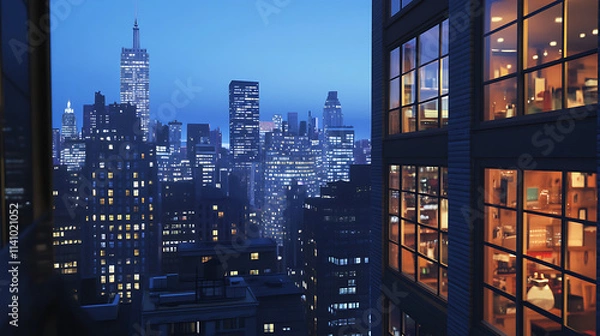 Fototapeta Lit office building windows glow warm against the blue evening, showing bustling city life and after-hours activity, concept: urban work culture