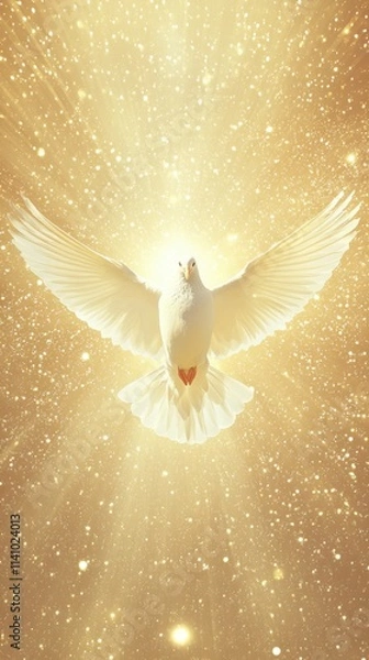 Obraz Vertical image of a dove on a golden background with a beautiful light flare, symbolizing religion, spirituality, peace, and divinity