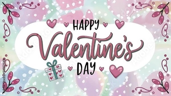 Fototapeta Happy Valentines Day greeting card. Calligraphic design for print cards, banner, poster Hand drawn text lettering for Valentines Day with hearts shape Vector illustration isolated on white background.