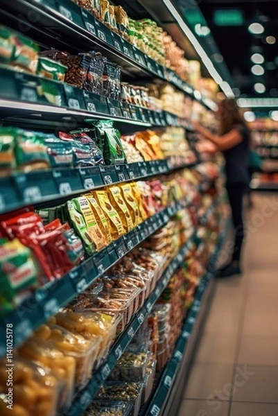 Obraz Grocery store aisle filled with various snacks and packaged foods in a well-organized retail environment. Generative AI