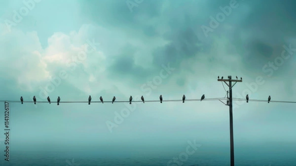 Fototapeta Birds returning from warmer climates, gathering on power lines