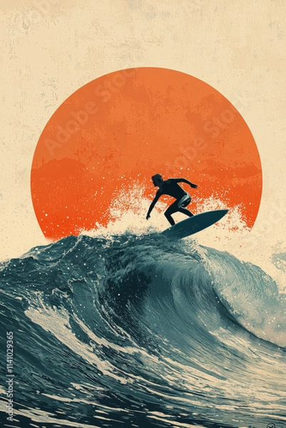 Fototapeta Surfer riding a big wave at sunset with a big sun background