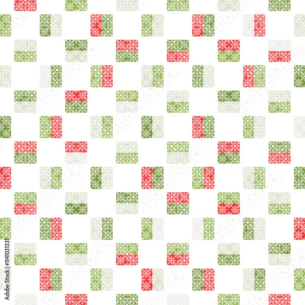 Fototapeta Playful Christmas seamless vector pattern with snowflakes and squares. Geometric background for Christmas and New Year greeting cards, invitations and seasonal wrapping paper.