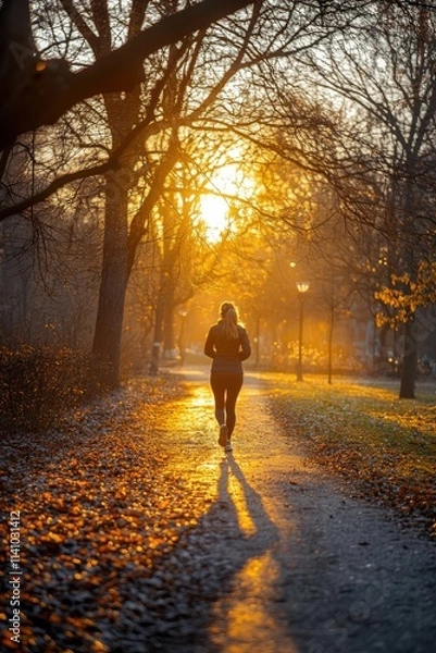 Fototapeta Morning jogger running through a park at sunrise with golden light illuminating the path and autumn foliage
