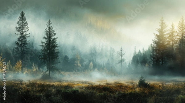 Fototapeta Morning mist wrapping spring forests and fields in a mysterious atmosphere.
