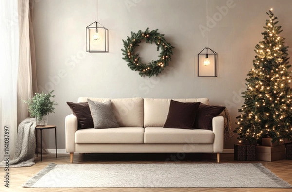 Fototapeta Modern living room with a beige sofa, a wreath and garland on the wall, a Christmas tree, and lanterns, with copy space for text.