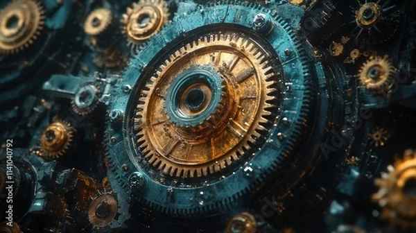 Fototapeta Intricate gears, metallic, steampunk aesthetic.