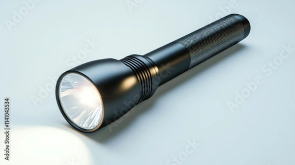 Fototapeta close up of a black flashlight with bright light on a smooth surface