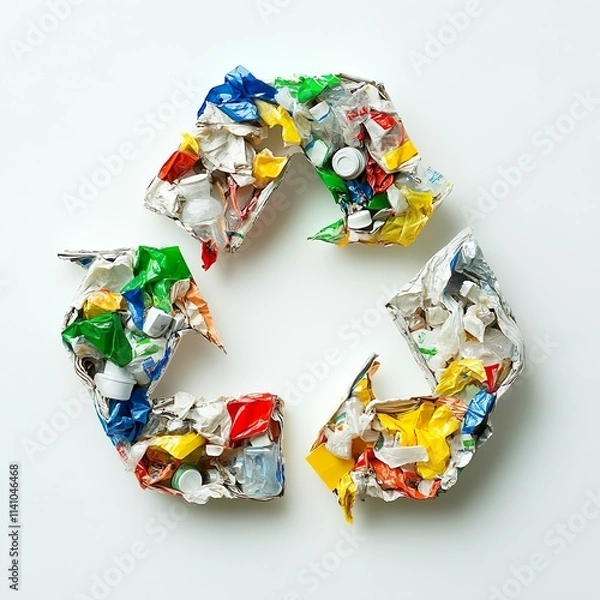 Fototapeta recycling symbol made of mixed garbage white on white background