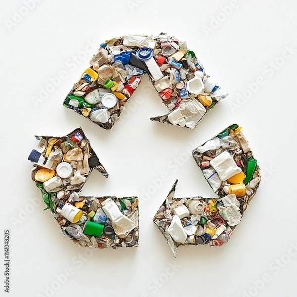 Fototapeta recycling symbol made of mixed garbage white on white background