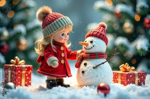Fototapeta snowman and christmas tree