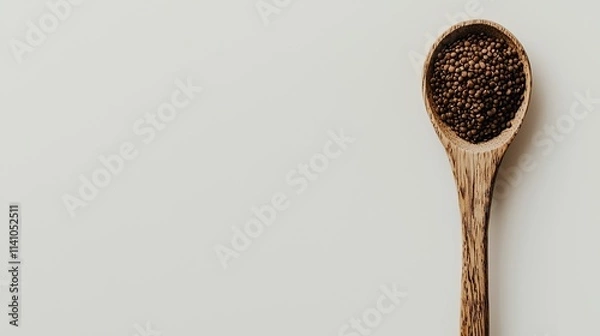 Obraz A wooden spoon filled with mustard seeds on a light background, emphasizing culinary use.