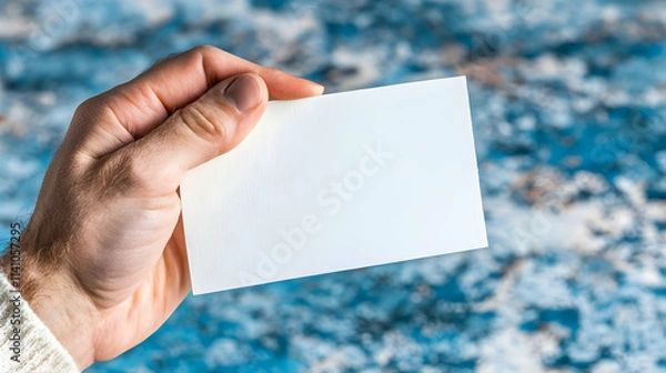 Fototapeta Close-up of a male hand holding a blank white card against a blurred blue and white background.