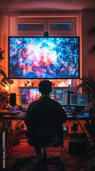 Fototapeta A teacher delivering an online lecture in a bright home studio, glowing visuals displayed on a screen behind them