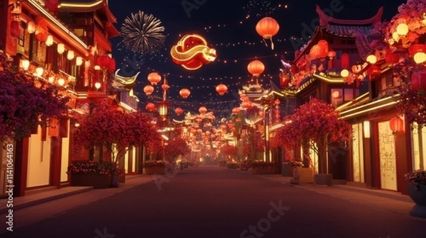 Fototapeta Enchanting Chinese New Year Street Decorated with Festive Lanterns and Fireworks