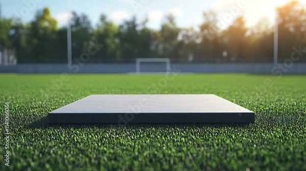 Obraz A square empty platform for product presentation on a green soccer pitch against a blurred background
