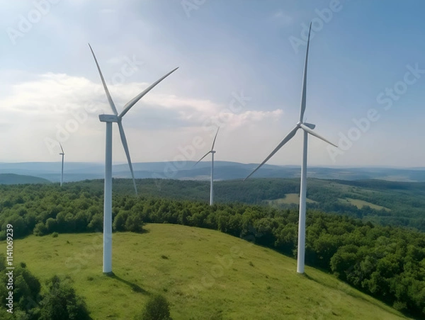 Fototapeta Aerial view of wind turbines on a hilltop amidst lush green forest and blue sky.