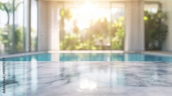 Fototapeta Blurred view of a modern indoor pool with marble countertop and sunlight.